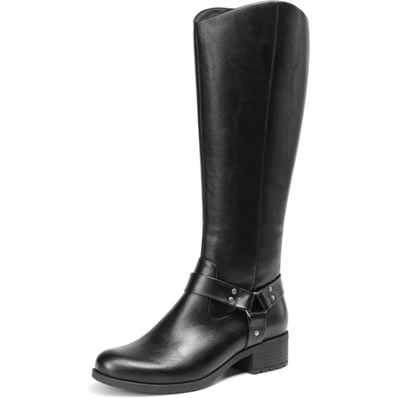 Women's Polyurethane Black Buckle Side Zipper Squared Toe Knee High Riding Boots - Picture 1 of 7